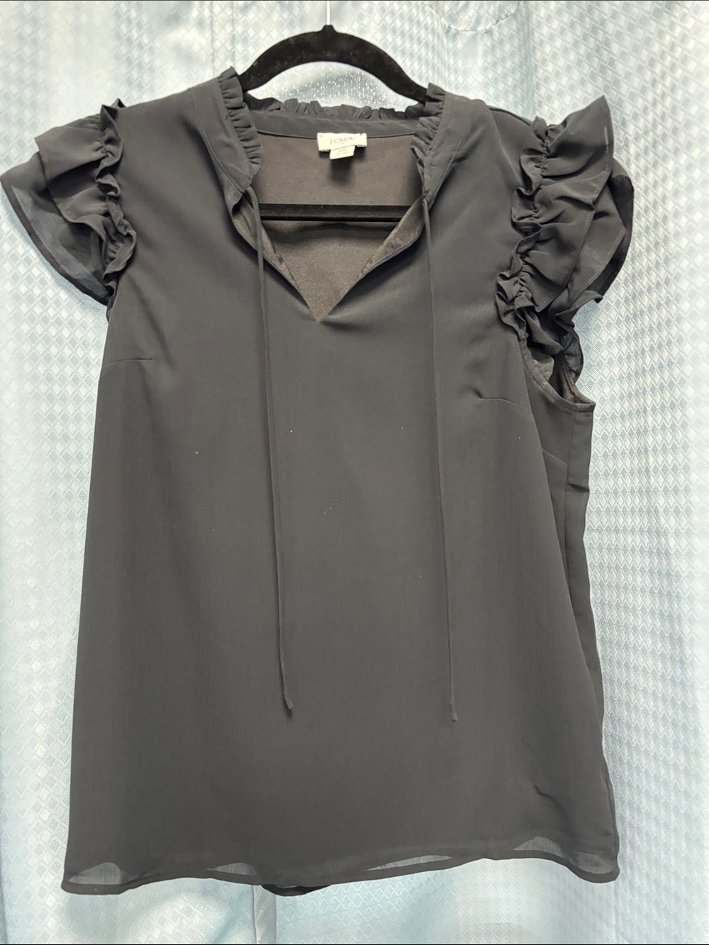 J. Crew Black Ruffle Tie-Neck Blouse EUC Size XS